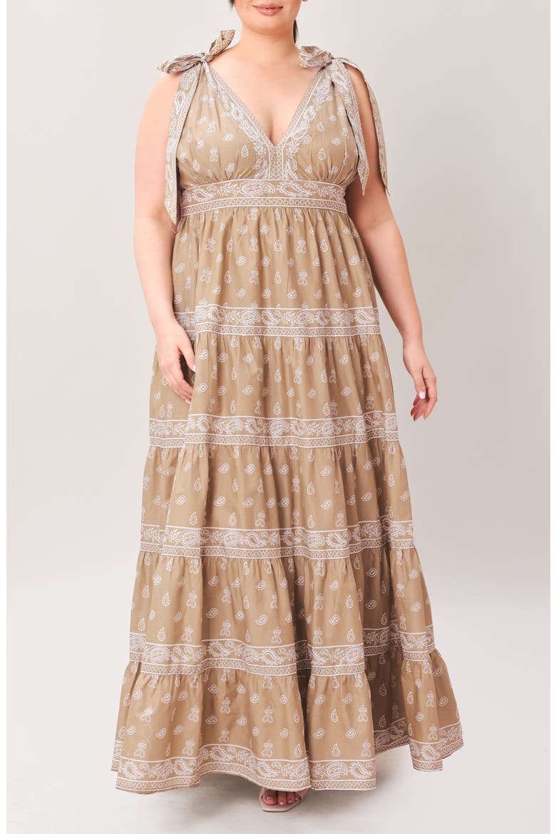 Paisley Tie Strap Tiered Maxi Dress, Main, color, LIGHT OLIVE