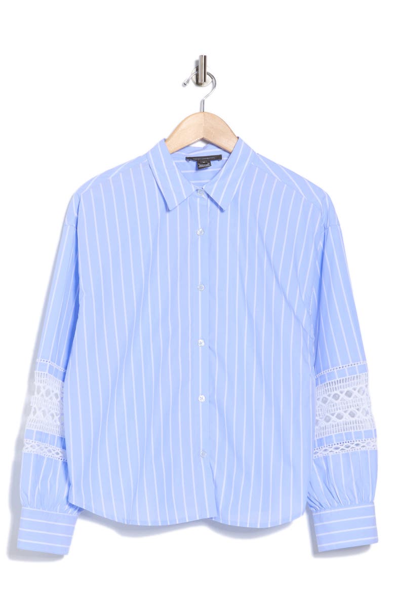 French Connection Oversize Lace Trim Button-Up Shirt, Alternate, color, Blue/ White
