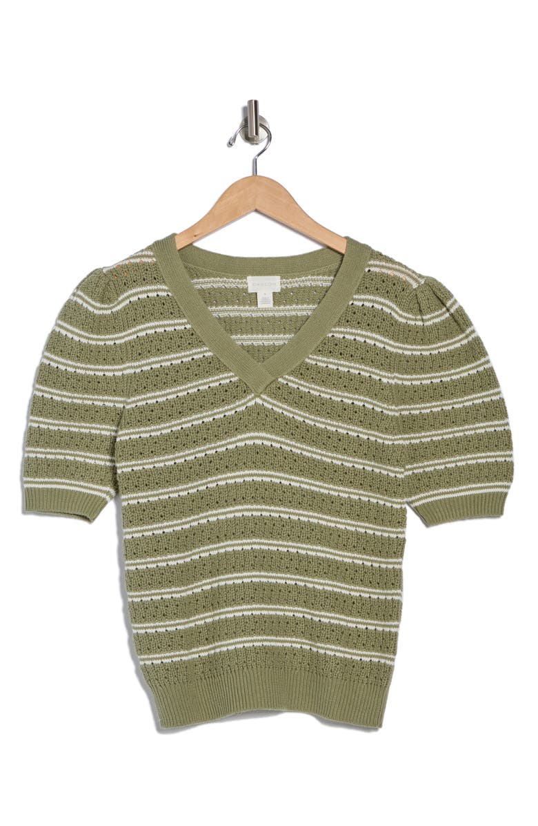 Caslon<sup>®</sup> Pointelle Short Sleeve Cotton Blend Sweater, Alternate, color, Olive Ivory Sand Stripe