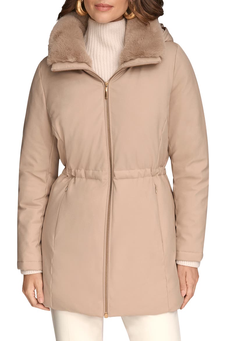 Lux Water Resistant Puffer Coat with Faux Fur Trim, Main, color, BARLEY