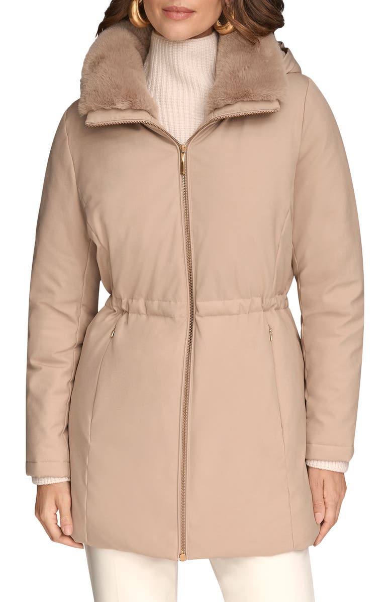 Donna Karan New York Lux Water Resistant Puffer Coat with Faux Fur Trim, Main, color, Barley