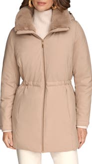 Donna Karan New York Lux Water Resistant Puffer Coat with Faux Fur Trim