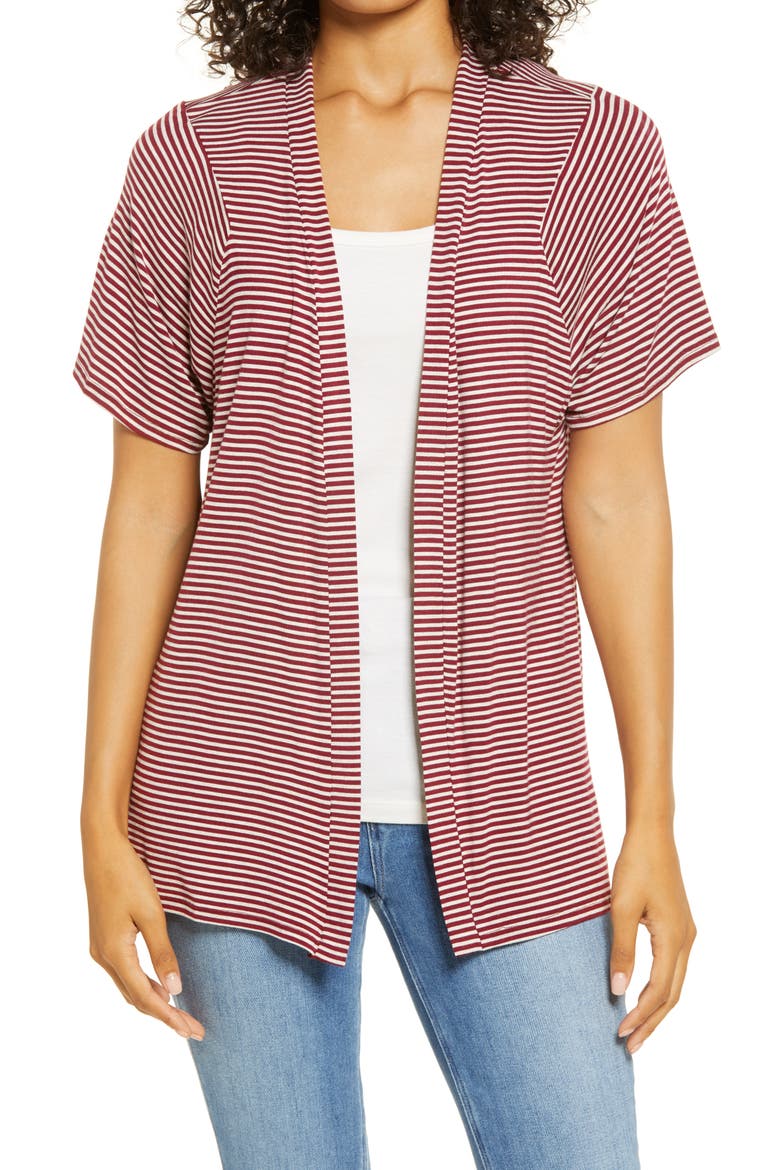 Stripe Open Front Cardigan, Main, color, BURGUNDY/ OATMEAL
