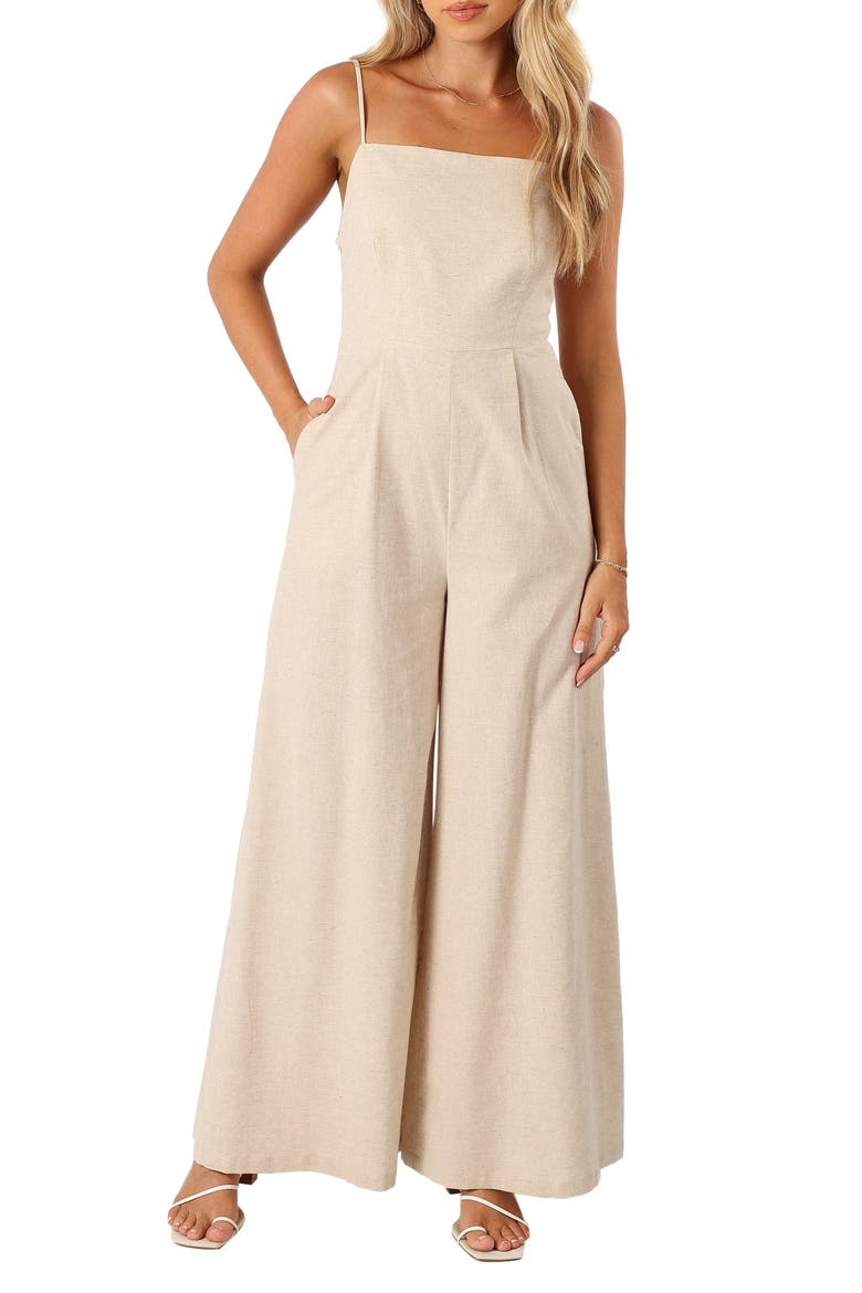 Lila Wide Leg Cotton & Linen Jumpsuit, Main, color, OATMEAL