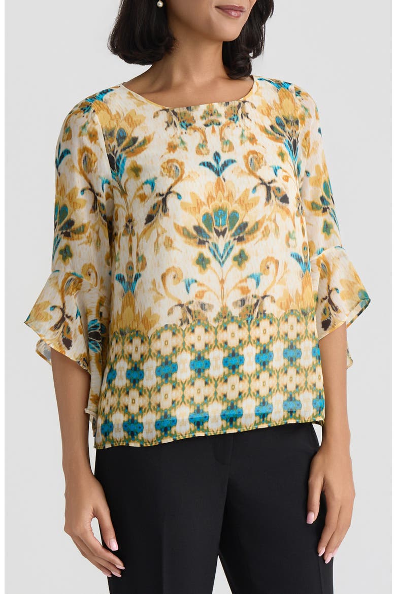 Border Print Ruffle Sleeve Top, Alternate, color, BUTTERSCOTCH MULTI