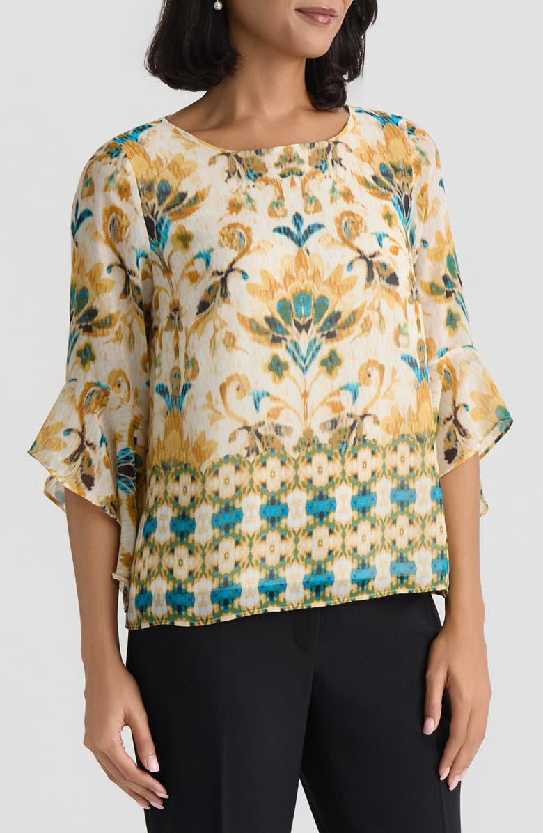 KASPER Border Print Ruffle Sleeve Top, Alternate, color, Butterscotch Multi
