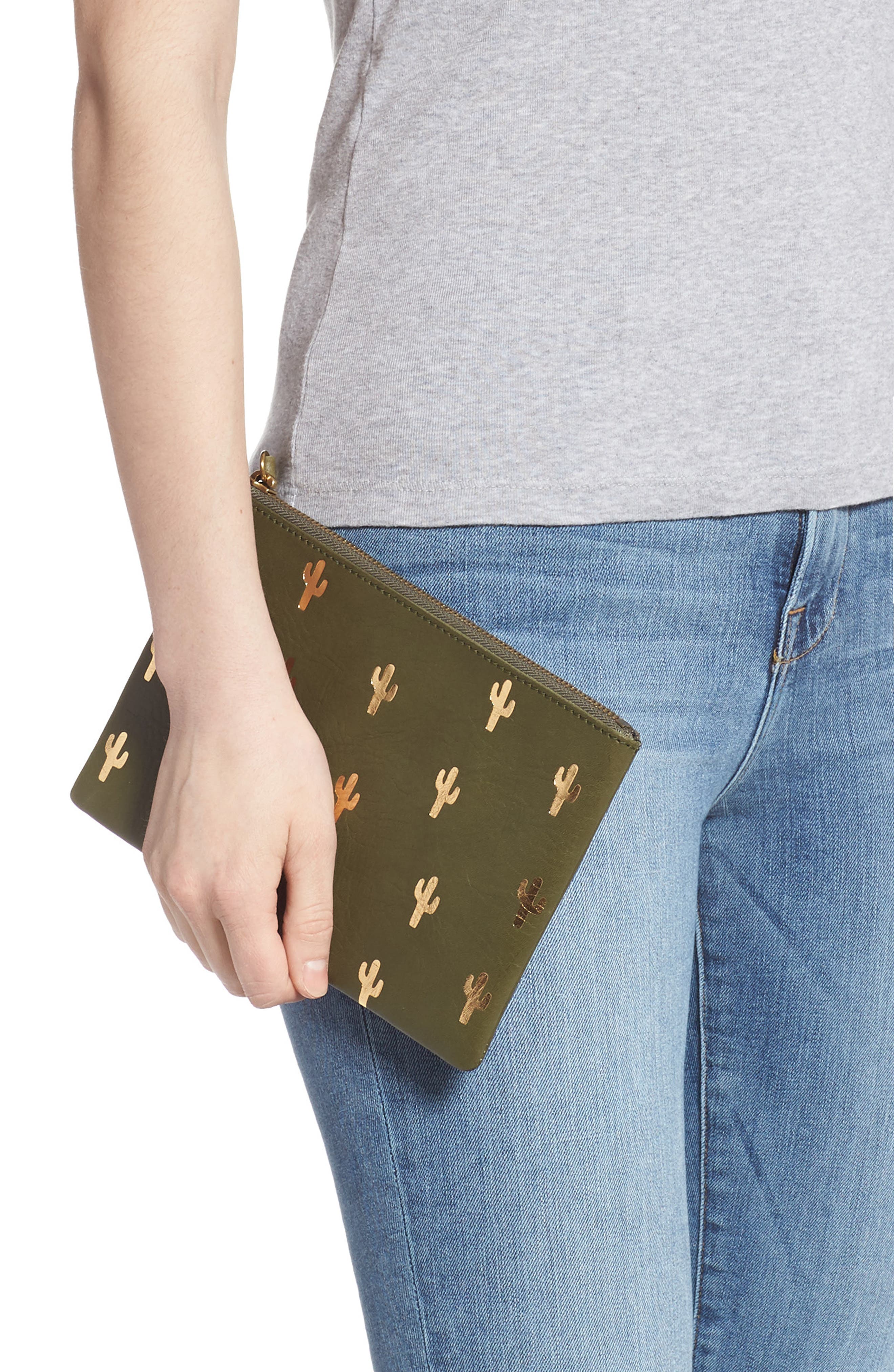 The Leather Pouch Clutch: Embossed Cactus Edition, Alternate, color, DEEP WOODLAND