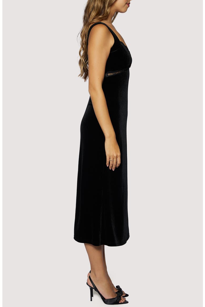 Fiorella Lace Trim Velvet Midi Dress, Alternate, color, BLACK