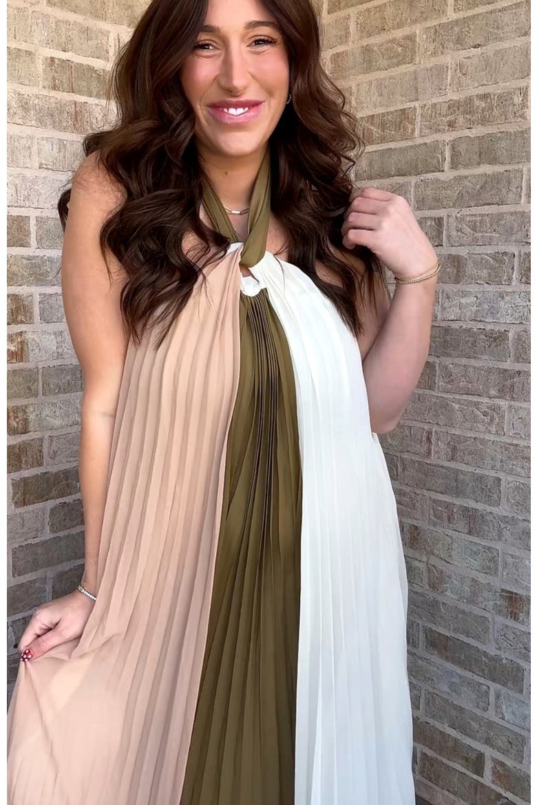 Pleated Halter Neck Maxi Dress, Alternate, color, Olive Green