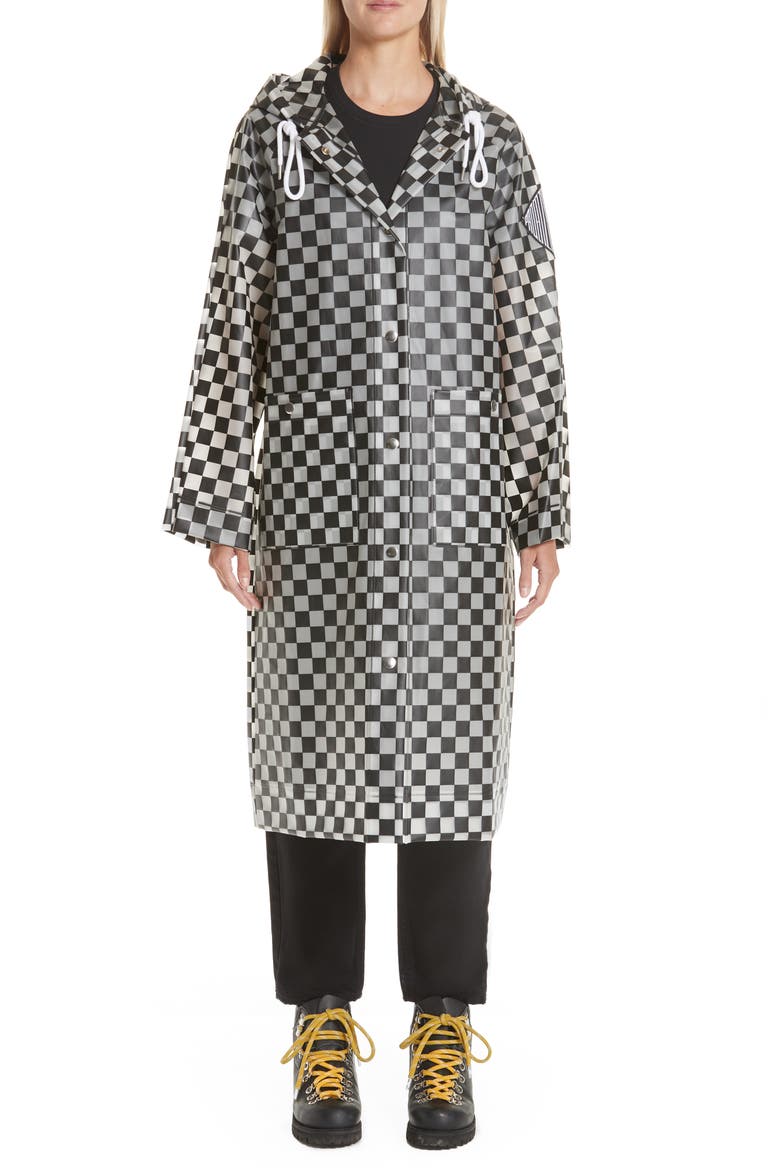 PSWL Checkerboard Hooded Raincoat, Main, color, BLACK/ WHITE