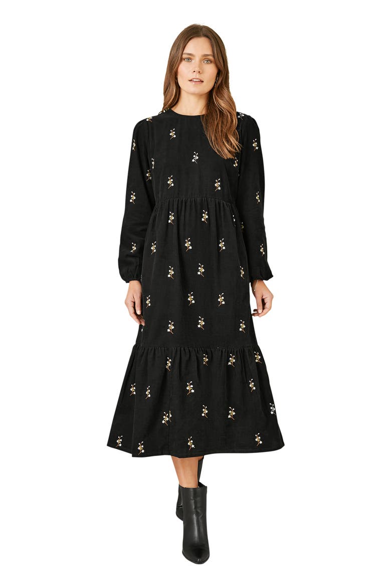 Long Sleeve Midi Floral Dress, Main, color, Black