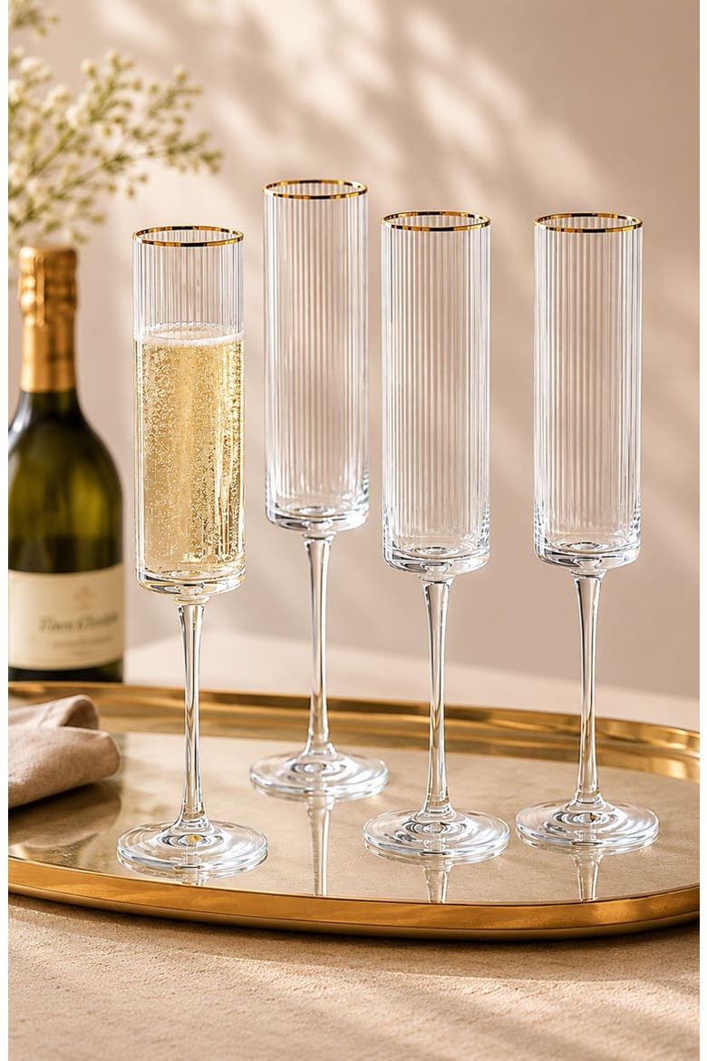 Optic Set of 4 Flute Glasses, Alternate, color, CLEAR/ GOLD