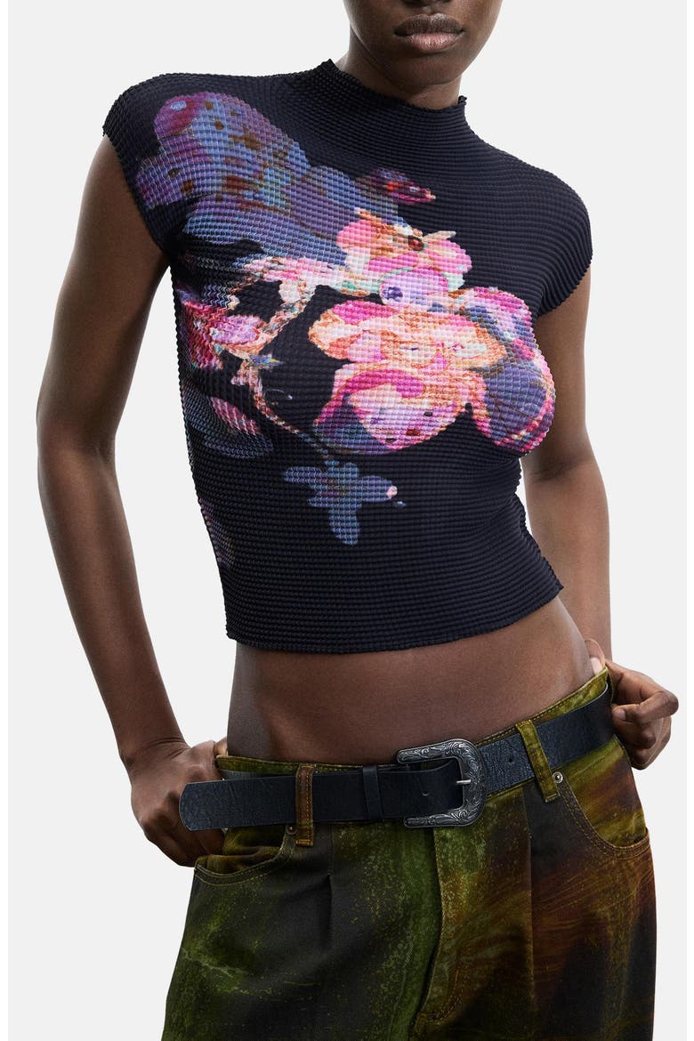 Floral Waffle Knit Top, Main, color, BLACK