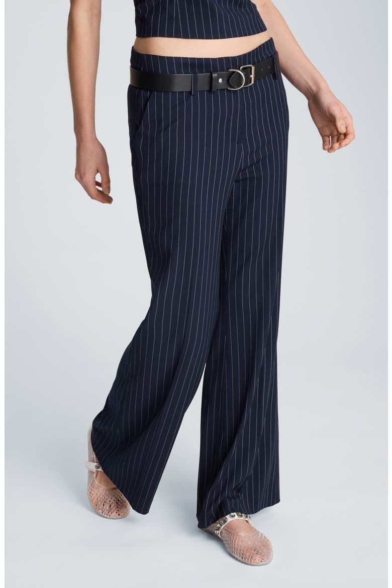 Belted Pinstripe Flare Leg Pants, Alternate, color, DK NAVY/ OYSTER