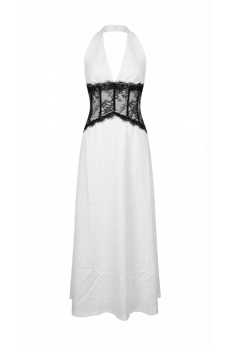 Halter Lace Corset Maxi Dress, Alternate, color, Off-White / Black