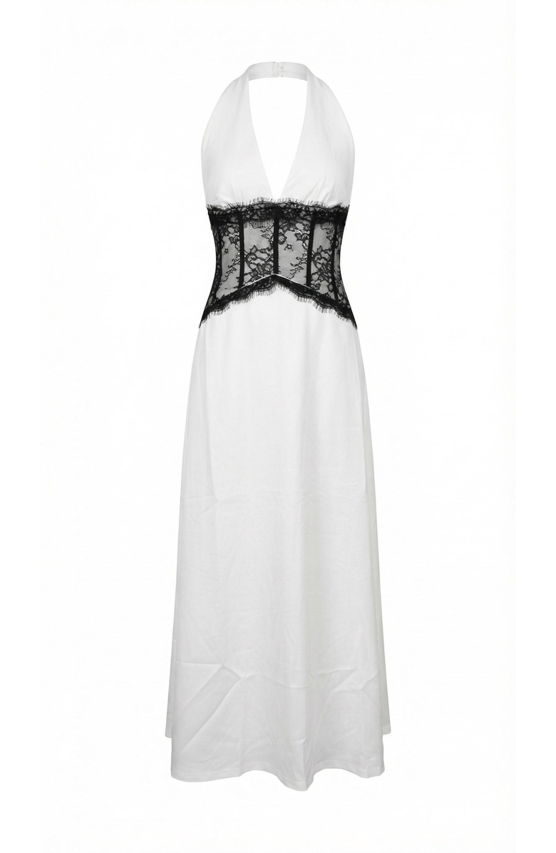 Modenaire Halter Lace Corset Maxi Dress, Alternate, color, Off-White / Black