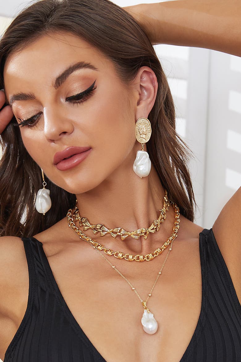 Matted Gold Sculpted Oversized Baroque Pearl Drop Earrings, Alternate, color, Gold