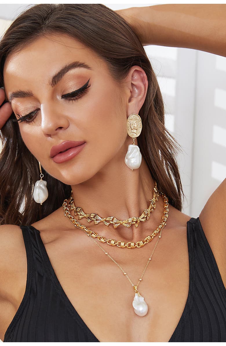 Classicharms Matted Gold Sculpted Oversized Baroque Pearl Drop Earrings, Alternate, color, Gold