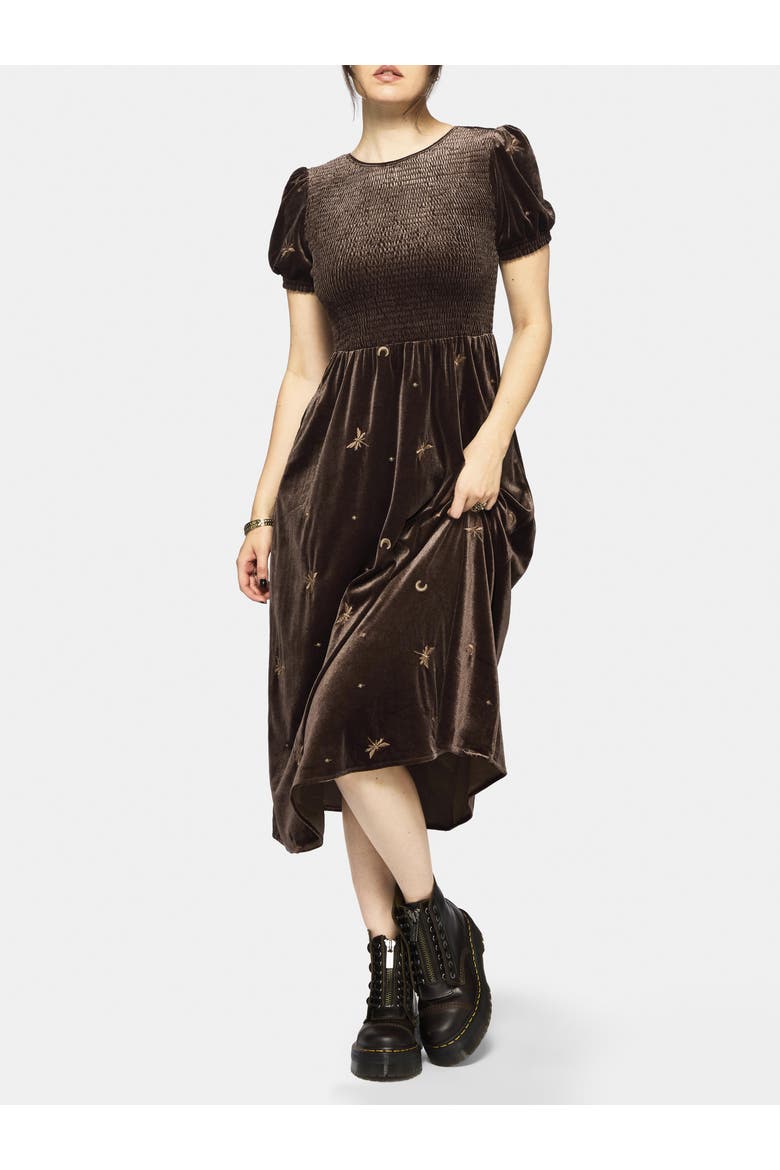 Seraphine Dragonfly Velour Midi Dress, Alternate, color, Brown