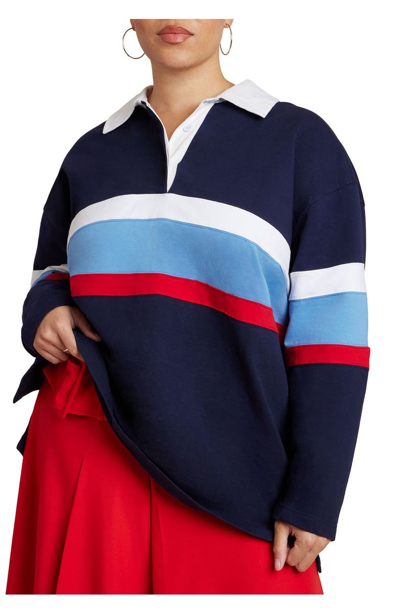 ELOQUII Striped Polo Shirt, Alternate, color, Navy Red And White Stripe
