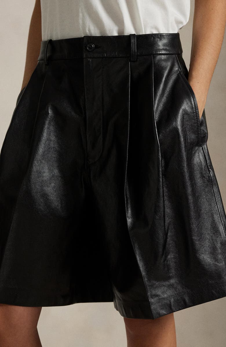 Polo Ralph Lauren Pleated Leather Shorts, Alternate, color, Black