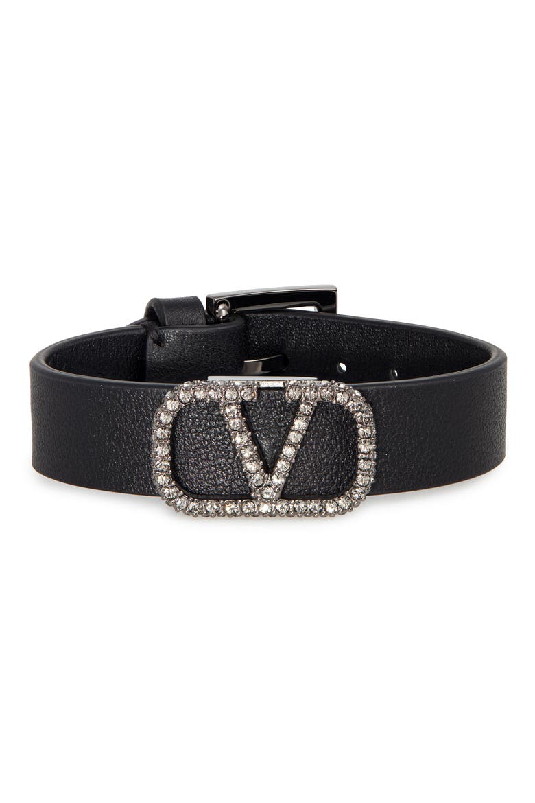 Jeweled Go Logo Leather Bracelet, Main, color, NERO/ BLACK DIAMOND