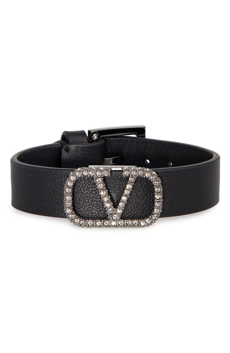 Valentino Jeweled Go Logo Leather Bracelet, Main, color,