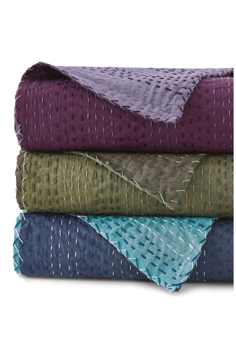 Kantha Reversible Cotton Coverlet, Alternate, color, NAVY AND TEAL