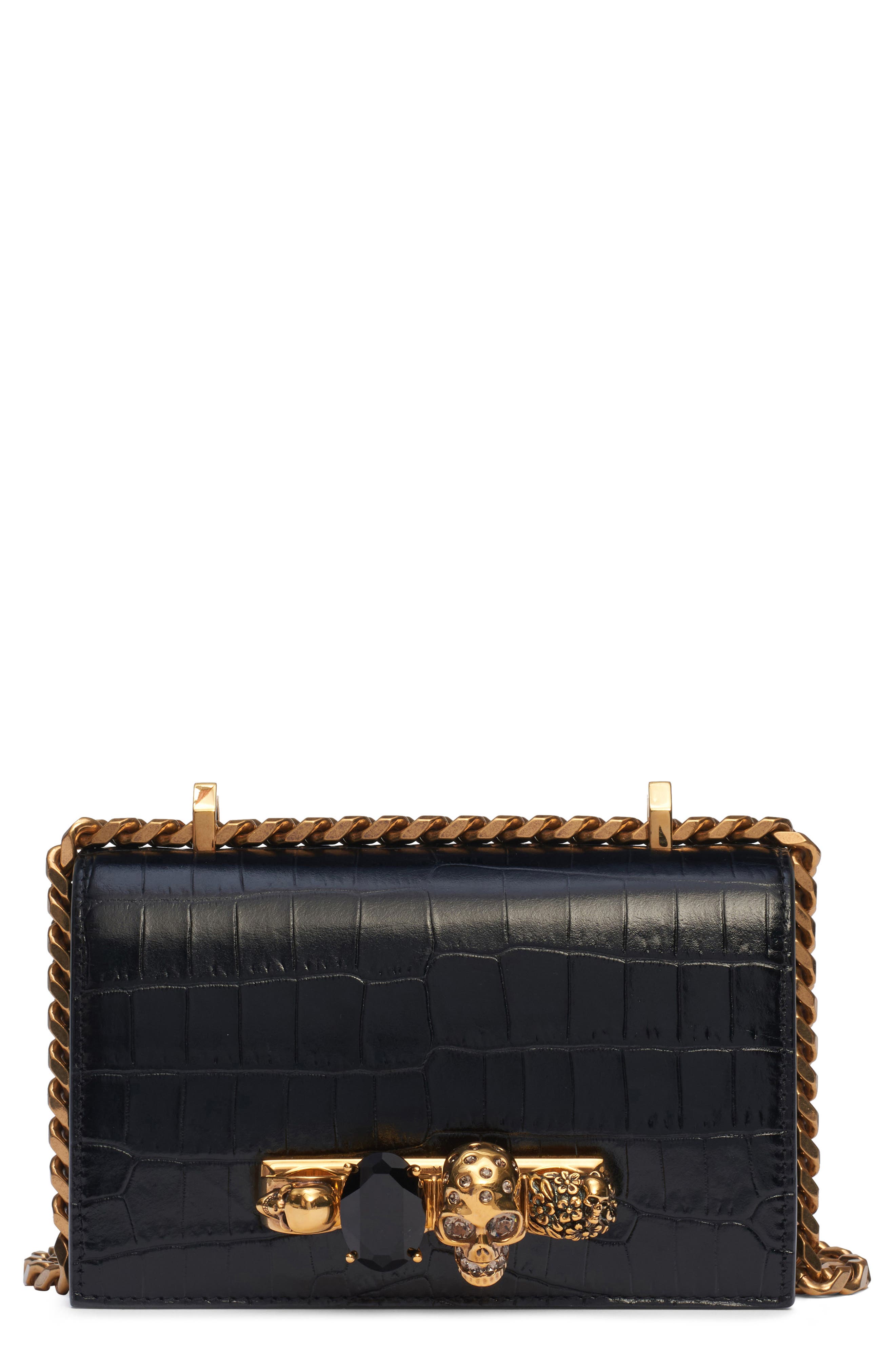 McQueen Alexander McQueen Jewelled Knuckle Croc Embossed Leather Crossbody Bag, Main, color, Black/ Gold