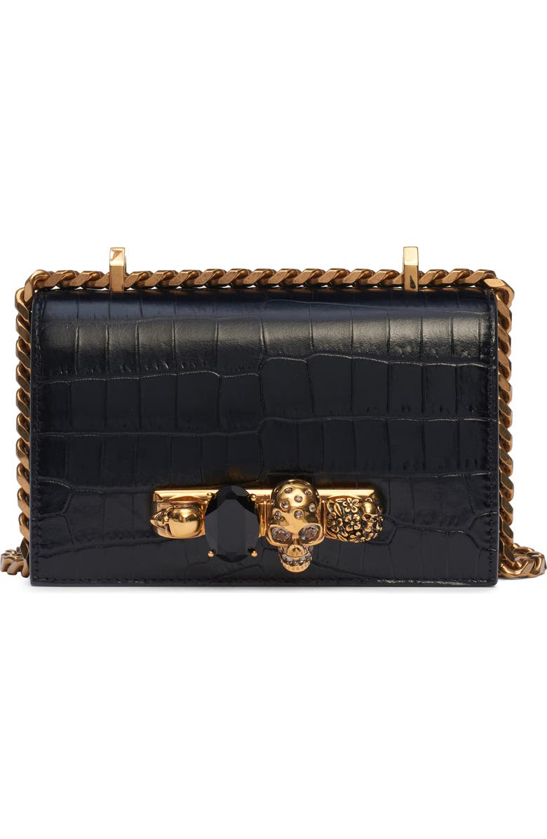 McQueen Alexander McQueen Jewelled Knuckle Croc Embossed Leather Crossbody Bag, Main, color, Black/ Gold