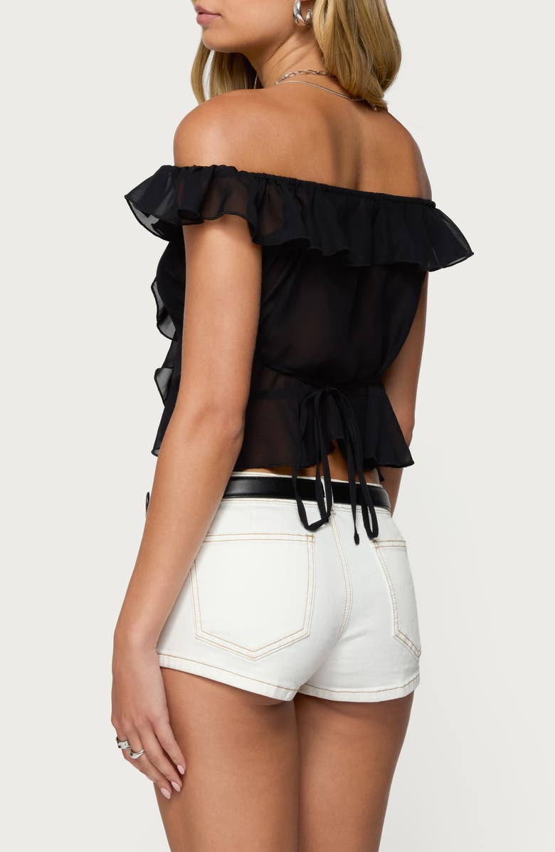 EDIKTED Ruffle Off the Shoulder Chiffon Top, Alternate, color, Black