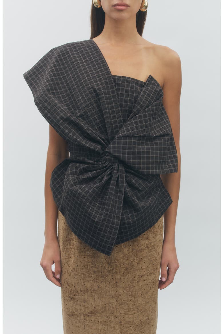 Gia Plaid One-Shoulder Bow Top, Main, color, BLACK MULTI