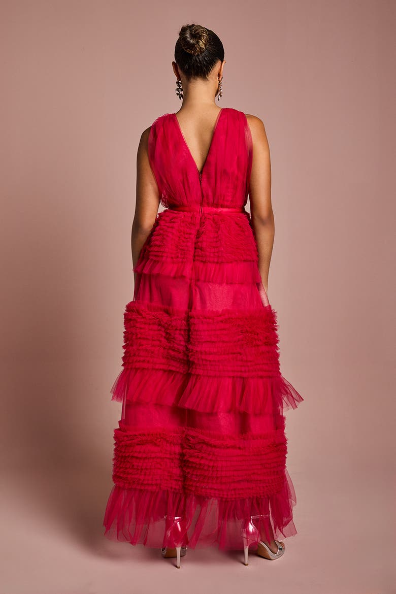 Petite Sleeveless Mesh Tiered Maxi Dress, Alternate, color, Raspberry