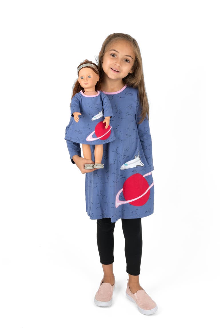 Girls Cotton Dress with Matching Doll Dress, Printed Design, Main, color, PLANET