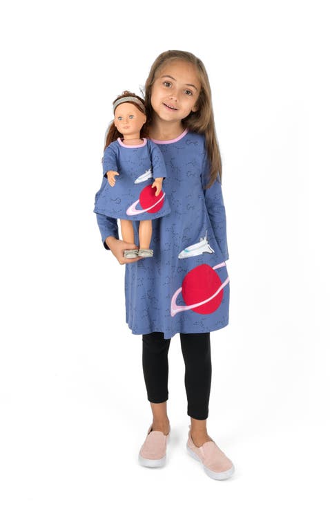 Girls Cotton Dress with Matching Doll Dress, Printed Design