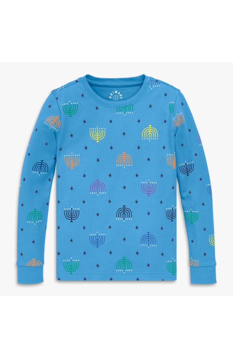 Primary Kids Organic Pj Top In Rainbow Menorahs, Main, color, Cornflower Menorah Lights