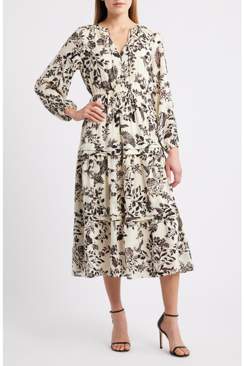 Floral Print Long Sleeve Dress, Main, color, SWAN WHITE/ ANNE BLACK