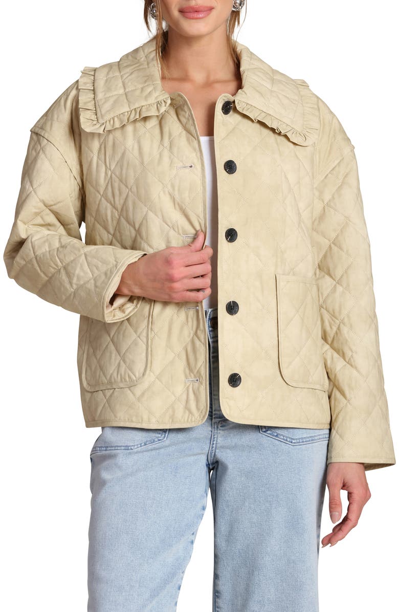 Bagatelle Ruffled Collar Diamond Quilted Jacket, Alternate, color, Sand