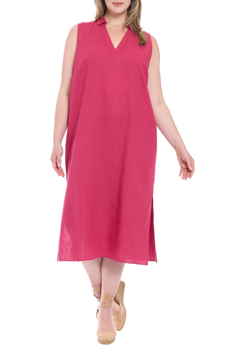 Collared Popover Linen Blend Midi Dress, Main, color, SANGRIA