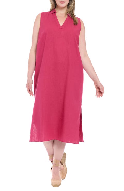 Collared Popover Linen Blend Midi Dress