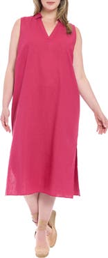 London Times Collared Popover Linen Blend Midi Dress