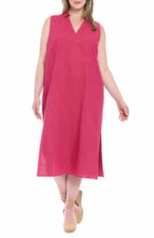 London Times Collared Popover Linen Blend Midi Dress