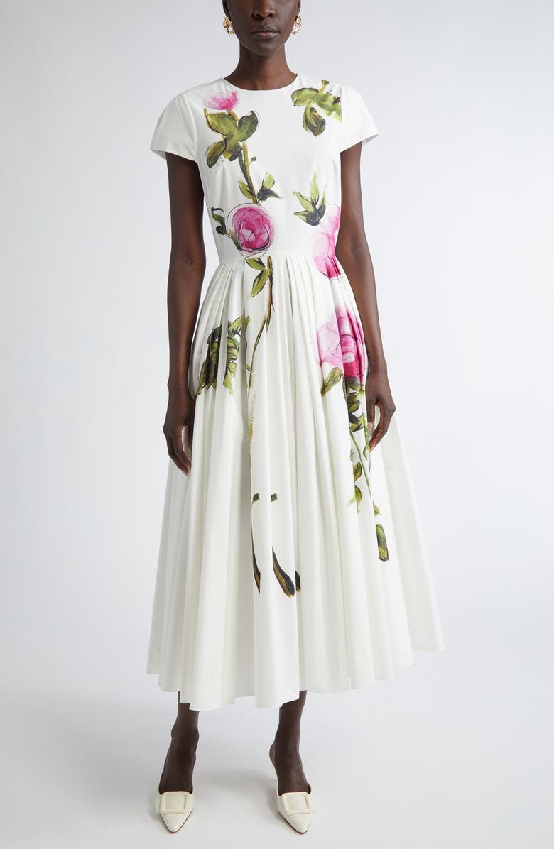 Oscar de la Renta Painted Roses Pleated Stretch Poplin Dress, Main, color, 