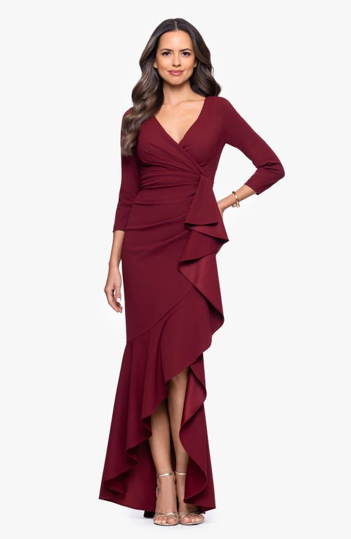 Betsy & Adam Ruffle Scuba Crepe Faux Wrap High-low Mermaid Gown In Burgundy