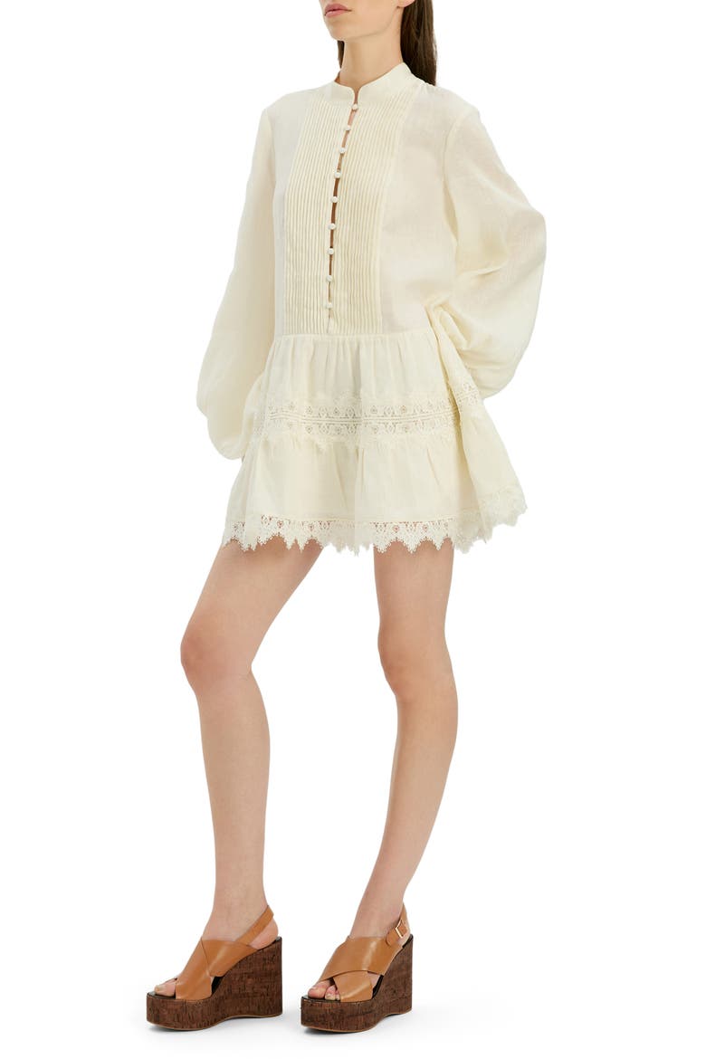 Antonia Lace Trim Long Sleeve Linen Minidress, Alternate, color, EGGNOG