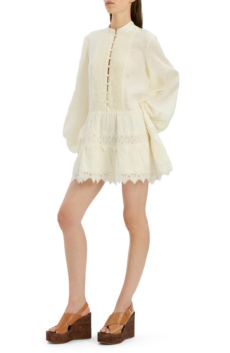 Bardot Antonia Lace Trim Long Sleeve Linen Minidress, Alternate, color, Eggnog