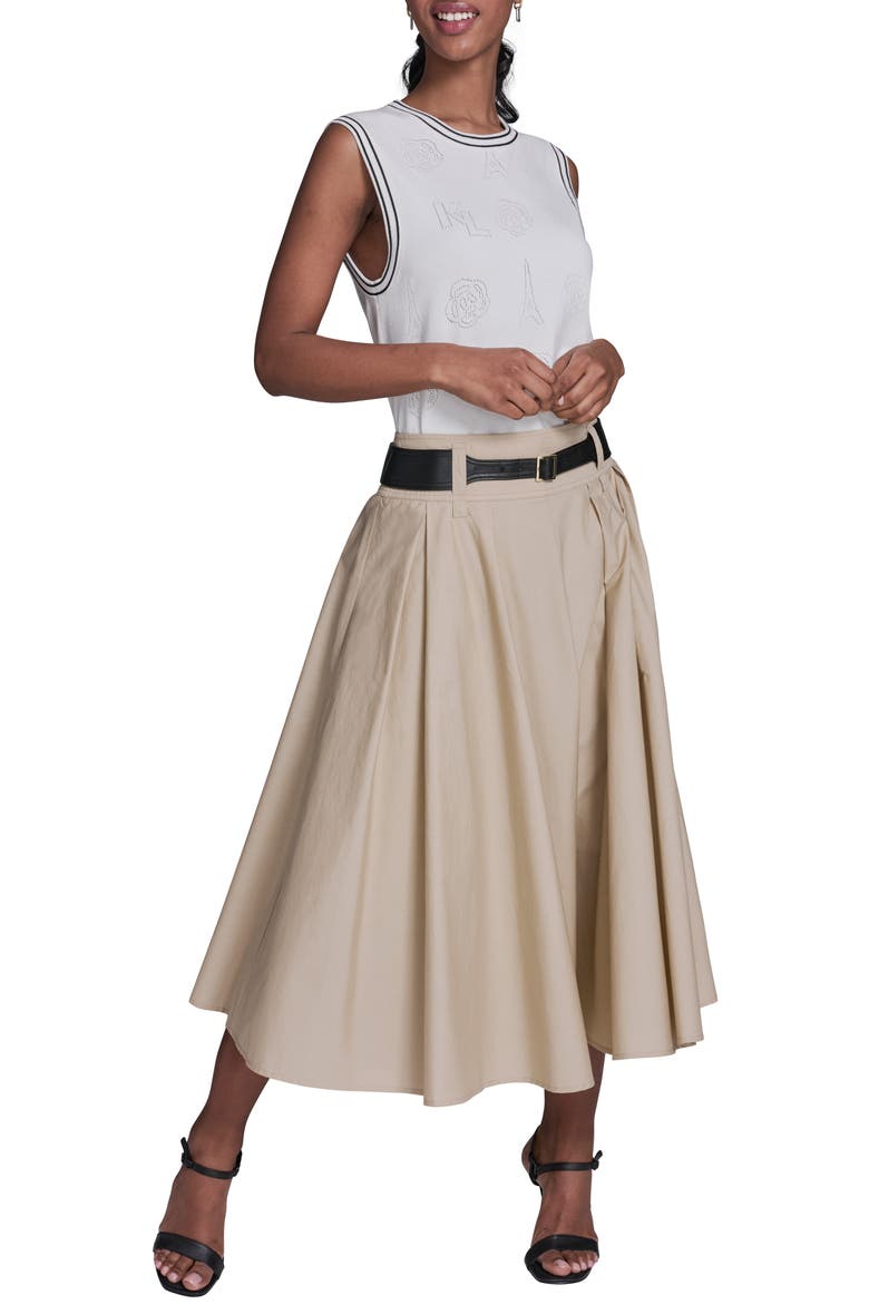 Belted Pleated Midi Cotton A-Line Skirt, Alternate, color, FRENCH BEIGE