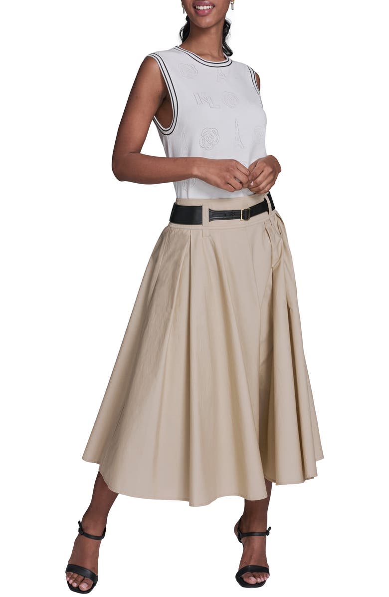 KARL LAGERFELD PARIS Belted Pleated Midi Cotton A-Line Skirt, Alternate, color, French Beige