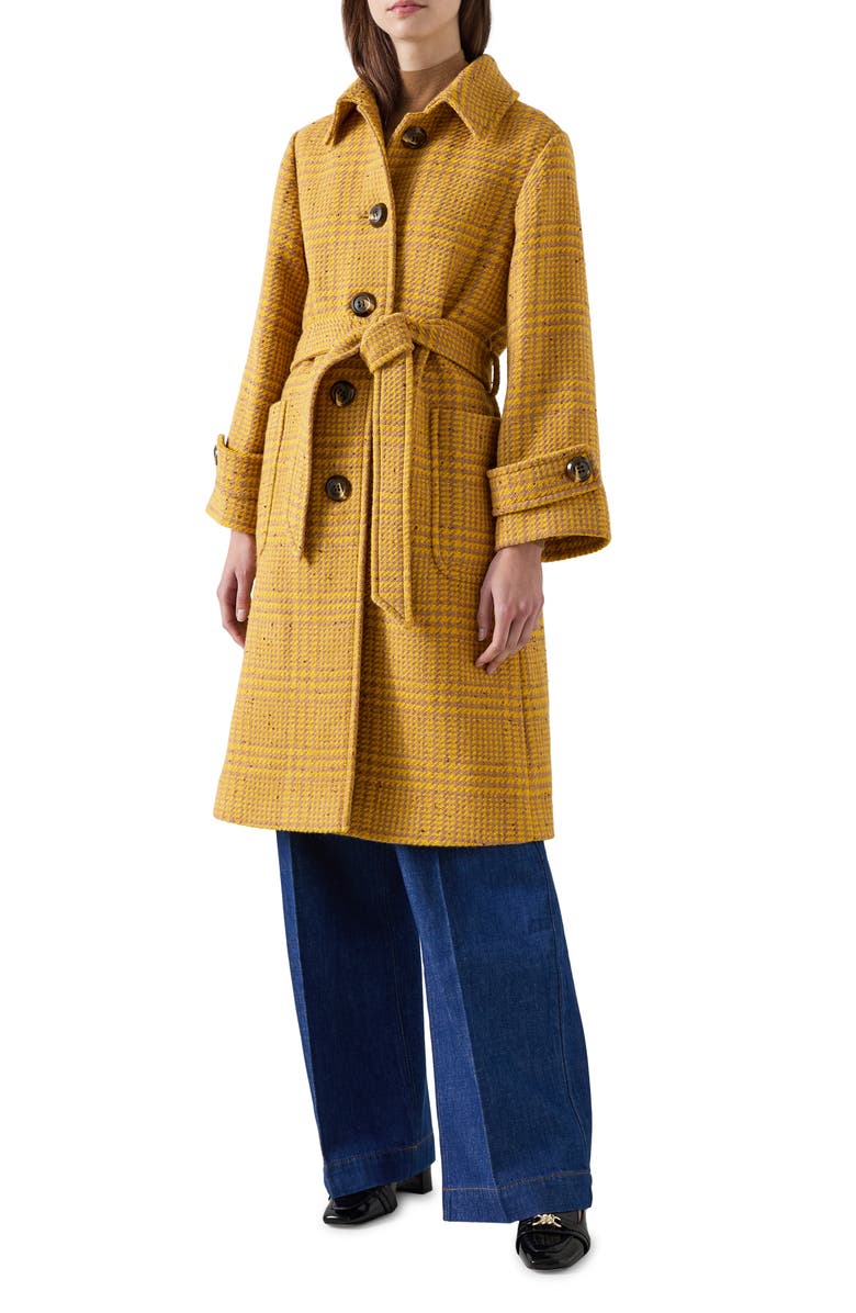 LK Bennett Blythe Check Stretch Wool Blend Coat, Main, color, Yellow Multi