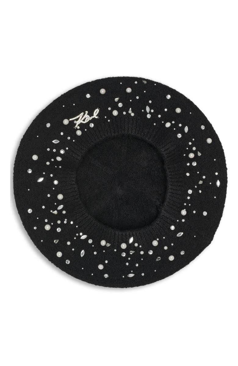 KARL LAGERFELD PARIS Scattered Crystal Beret, Alternate, color, Black